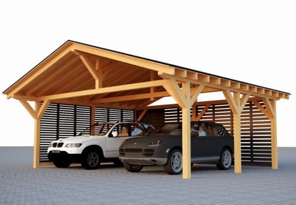 Satteldach-Unterstand 5×6,5 m mit Wandverkleidung – moderne, funktionale und robuste Konstruktion aus KVH C24