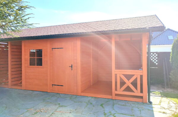 Wirtschaftsgebäude 7,5 x 3,5 m Zielona Góra – praktische Konstruktion mit Laube und Holzschuppen