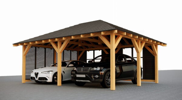 Walmdach-Unterstand 6,5×5 m mit Wandverkleidung – solide, funktional und elegant aus KVH C24